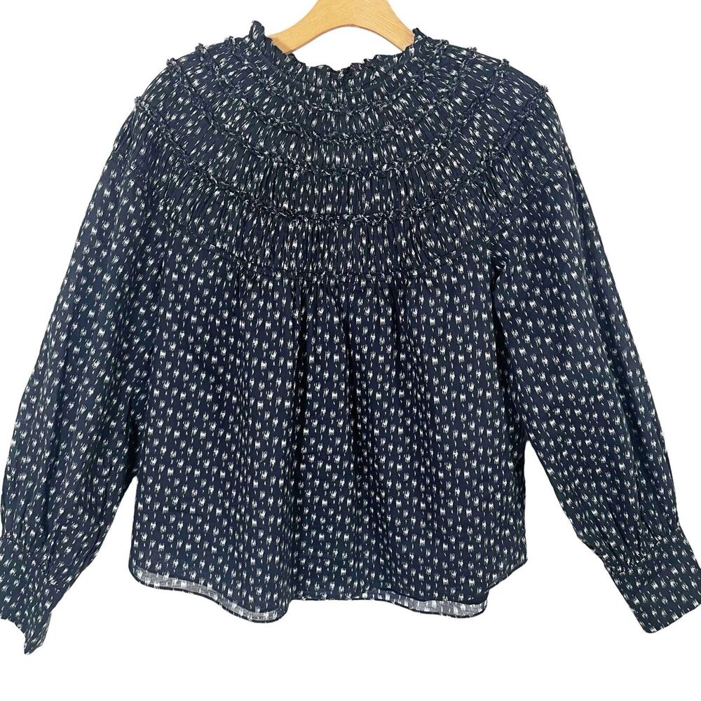 Rebecca Taylor Top Sz‎ 6 Ikat Fleur Smocked Mock Neck Smocked Yoke Lined